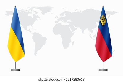 Ukraine and Liechtenstein flags for official meeting against background of world map.