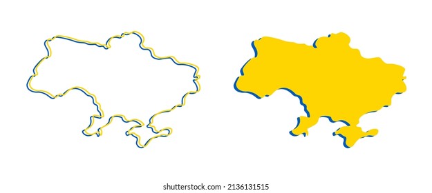 Ukraine linear map. Aggression and military attack. Save Ukraine from russia. Yellow and blue color. Vector illustration isolated on white background.