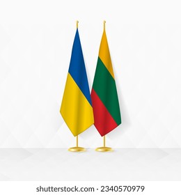 Die Flaggen der Ukraine und Litauens stehen auf Flaggenstand, Illustration für Diplomatie und anderes Treffen zwischen der Ukraine und Litauen. Vektorgrafik.