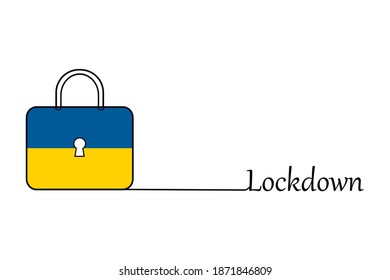 Ukraine lockdown preventing coronavirus spread or outbreak. Vector illustration. Continuous one line drawing lock with Ukraine flag and lettering Lockdown.