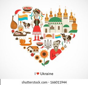 Ukraine love - heart with icons and elements