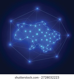 Mapa digital de baja poli de Ucrania con nodos de red brillantes, líneas de Tecnología azul futurista, conexiones poligonales Abstractas, concepto de visualización de datos, diseño de fondo de geografía cibernética moderna