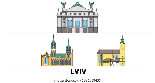 Ukraine, Lviv flat landmarks vector illustration. Ukraine, Lviv line city with famous travel sights, skyline, design. 