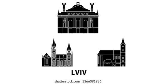 Ukraine, Lviv flat travel skyline set. Ukraine, Lviv black city vector panorama, illustration, travel sights, landmarks, streets.
