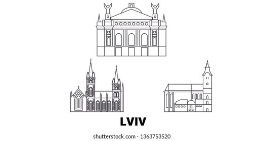 Ukraine, Lviv line travel skyline set. Ukraine, Lviv outline city vector illustration, symbol, travel sights, landmarks.