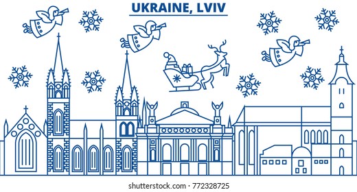 Ukraine, Lviv winter city skyline. Merry Christmas, Happy New Year decorated banner with Santa Claus.Winter greeting line card.Flat, outline vector.Linear christmas snow illustration