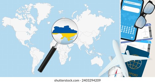 Ukraine is magnified over a World Map, illustration with airplane, passport, boarding pass, compass and eyeglasses. Vector illustration.