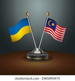 Ukraine and Malaysia flag together. Small table flag with color gradient background