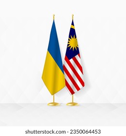 Ukraine and Malaysia flags on flag stand, illustration for diplomacy and other meeting between Ukraine and Malaysia. Vector illustration.