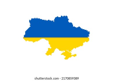 Ukraine map in 8-bit pixel style. Ukrainian flag. Art vector icon isolated illustration, eps10