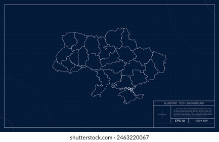 Ukraine Map with Blueprint Tech Style Background.