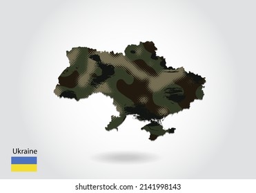 Ukraine map with camouflage pattern, Forest - green texture in map. Military concept for army, soldier and war. coat of arms, flag.