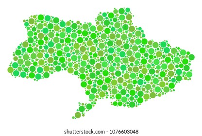 Ukraine Map collage of scattered filled circles in different sizes and fresh green color hues. Vector dots are united into ukraine map composition. Fresh geography map vector illustration.