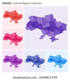 Ukraine map collection. Country shape with colored regions. Deep Purple, Red, Pink, Purple, Indigo, Blue color palettes. Border of Ukraine with provinces for your infographic. Vector illustration.