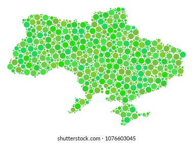 Ukraine Map With Crimea composition of scattered circle elements in different sizes and eco green color hues. Vector round elements are united into ukraine map with crimea mosaic.