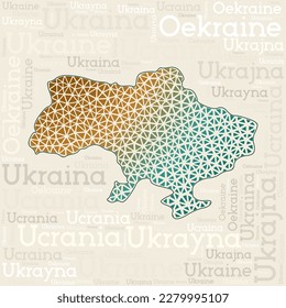 UKRAINE map design. Country names in different languages and map shape with geometric low poly triangles. Classy vector illustration of Ukraine.