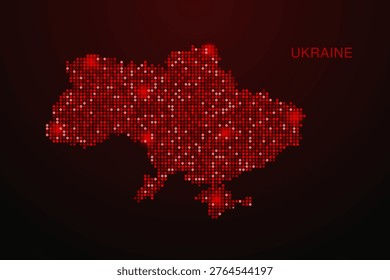 Ukraine Map - Digital dotted map with glowing red points on dark background, modern technology style, abstract data network design, clean minimal vector illustration.