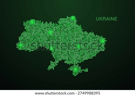 Ukraine Map - Digital dotted map with glowing green points on dark background, modern technology style, abstract data network design, clean minimal geometric vector illustration.