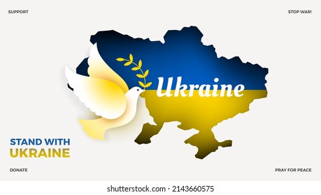Ukraine map with a dove of peace vector illustration. Russian Ukrainian war symbol. Peace dove with Ukrainian flag isolated on a white background