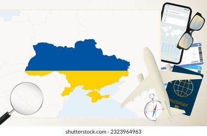 Ukraine map and flag, cargo plane on the detailed map of Ukraine with flag, passport, magnifying glass and airplane. Vector template.