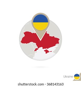 Ukraine map and flag in circle. Map of Ukraine, Ukraine flag pin. Map of Ukraine in the style of the globe. Vector Illustration.