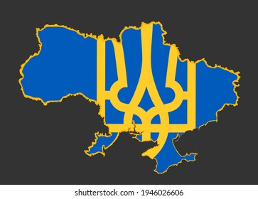 Bandera de mapa de Ucrania con ilustración de silueta vectorial de escudo de armas aislada en fondo negro. El país europeo Ucrania sella, emblema nacional.