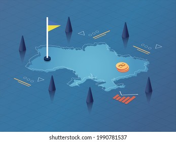 Ukraine Map, Flag and Currency Modern Isometric Business and Economy Vector Illustration Design