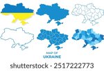 Ukraine Map with flag and flat outline vector illustration set