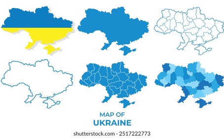 Ukraine Map with flag and flat outline vector illustration set