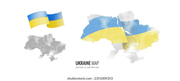 Mapa y bandera de Ucrania al estilo de media tonalidad. Elementos creativos de símbolos patrióticos del país. Ilustración del vector