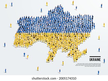 Ukraine Map and Flag. A large group of people in the Ukraine flag color form to create the map. Vector Illustration.