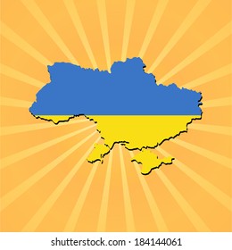 Ukraine map flag on sunburst vector illustration