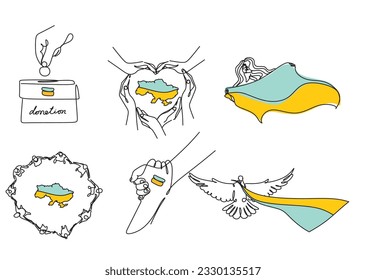 Die Ukraine Karte und Flagge umreißen eine Linie Kunst, handgezeichnet nationale blau-gelbe Zeichen der Unabhängigkeit kontinuierliche Kontur. Minimalistisches Symbol für Frieden und Freiheit, Kunstzeichnung.