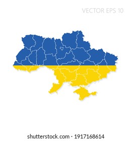 Ukraine map with flag and shadow isolated on white background. Vector illustration EPS10.