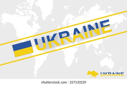 Ukraine map flag and text illustration, on world map