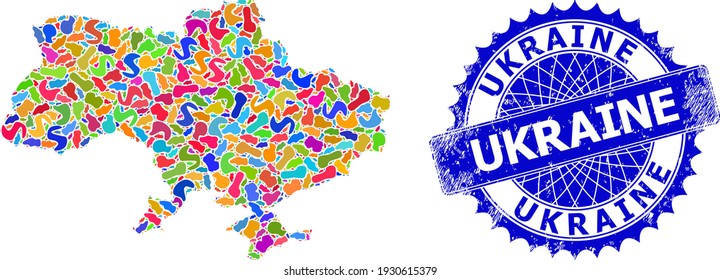 Ukraine map flat illustration. Blot collage and scratched seal for Ukraine map. Sharp rosette blue stamp with caption for Ukraine map.