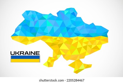 Ukraine map in geometric polygonal style on white background, national flag. Vector illustration