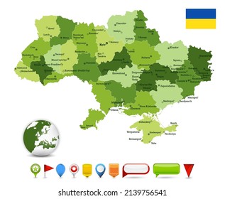 Ukraine map green colors isolated on white. Vector illustration.