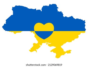 Ukraine map with heart icon. Abstract patriotic ukrainian flag with love symbol. Blue and yellow conceptual idea - with Ukraine in his heart. Support for the country during the occupation. Stop war