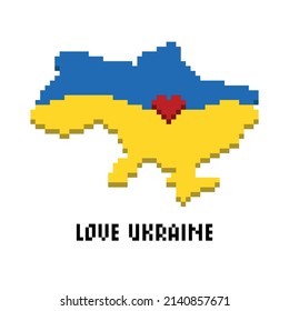 Ukraine map with heart icon pixel art vector illustration. Abstract patriotic ukrainian flag with love symbol. Blue and yellow conceptual idea - with Ukraine in his heart.