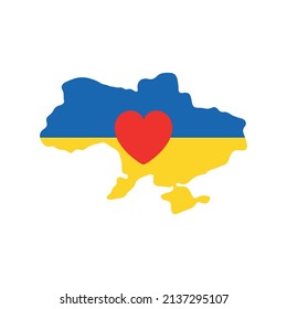Mapa de Ucrania con icono cardíaco. Apoyo al país durante la ocupación. Detener la guerra
