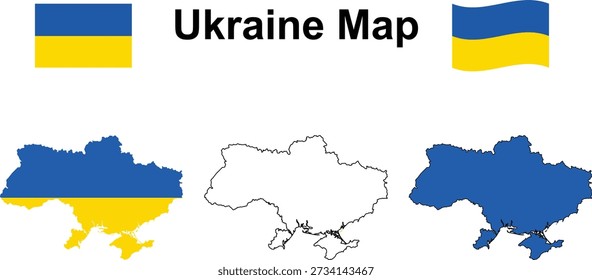 Ukraine-Kartensymbol. Ukraine Fahnenkarte Umriss Sammlung Zeichen. ukrainische kartographische Grenzsymbole