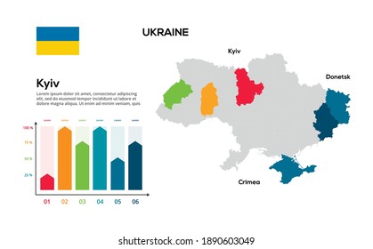 Karte der Ukraine. Bild einer globalen Karte in Form von Regionen der Ukraine. Trana-Flagge. Infografische Zeitachse. Einfache Bearbeitung
