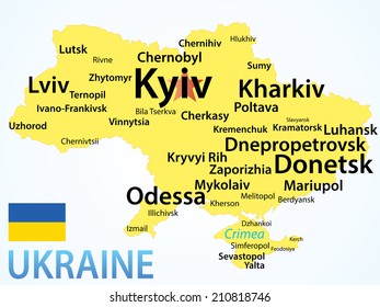 Ukraine - map with largest cities, carefully scaled text of cities and towns, geographicaly correct.