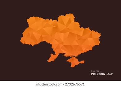 Mapa de Ucrania - bajo Vector de polígono polivinílico, silueta triangulada geométrica en tonos naranja y marrón oscuro, estilo infográfico moderno limpio, fondo aislado.