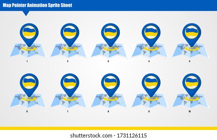 Marcador de mapa de Ucrania con la bandera animada Sprite Sheet. Animación suave ondeando objetos sobre fondo blanco.