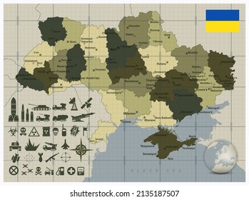 Ukraine map and military icons. Ukraine and Russia military conflict.