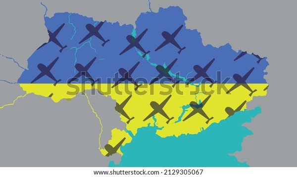 Ukraine map with\
national flag colors. Airplane shadows over the territory. Russian\
invasion of Ukraine. Conflict between countries. Attack on the\
Ukraine. Twenty first century war.\
