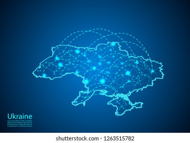 ukraine map with nodes linked by lines. concept of global communication and business. Dark ukraine map created from white dots with travel locations or internet connection.