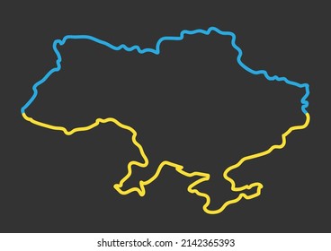 Ukraine map outline drawn Ukrainian maps. Yellow and blue map of Ukraine on a black background.Yellow and blue map of Ukraine on a black background. The war in Ukraine.